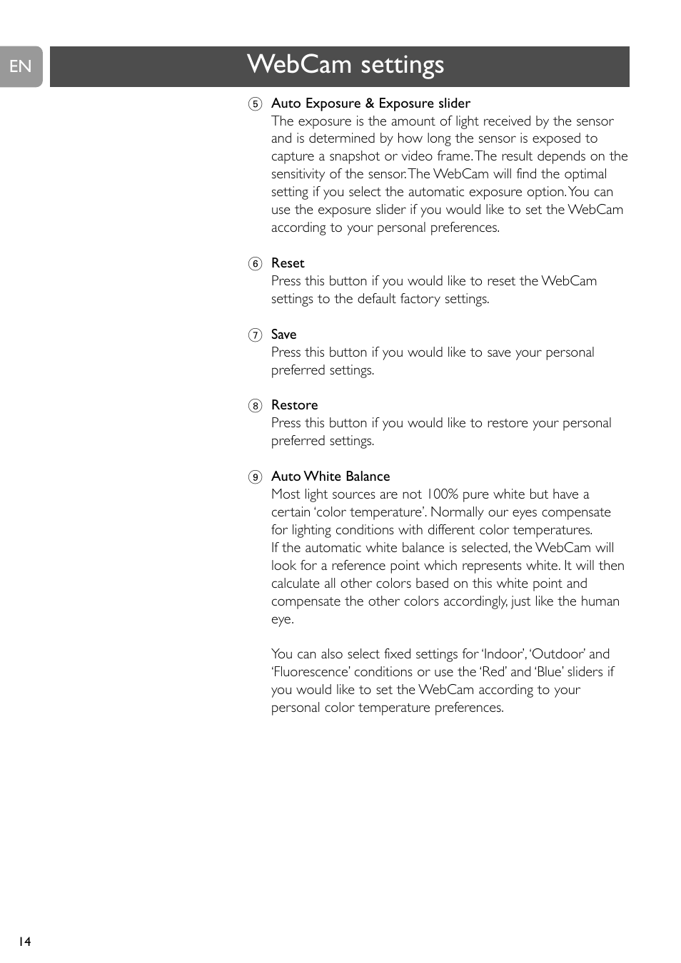 Webcam settings | Philips SPC505NC/27 User Manual | Page 14 / 22