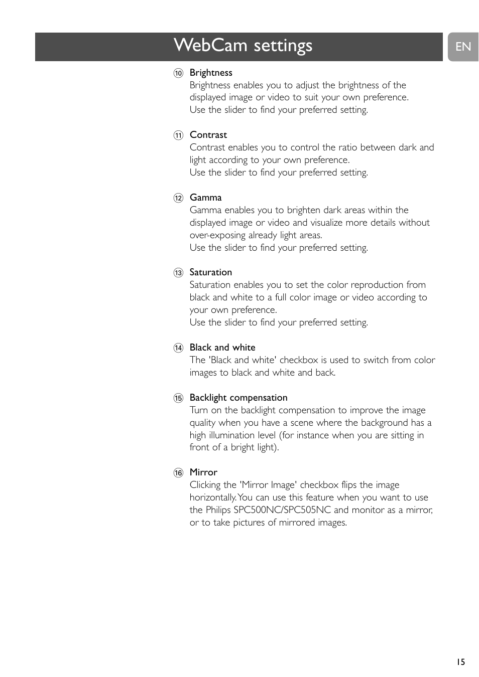 Webcam settings | Philips SPC505NC/27 User Manual | Page 15 / 22