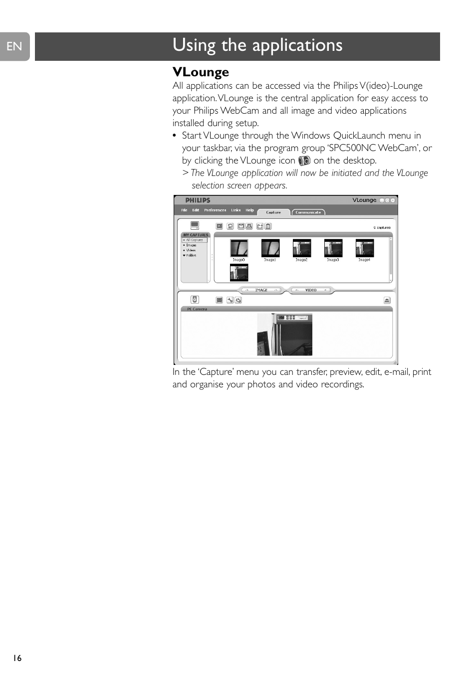 Using the applications, Vlounge | Philips SPC505NC/27 User Manual | Page 16 / 22