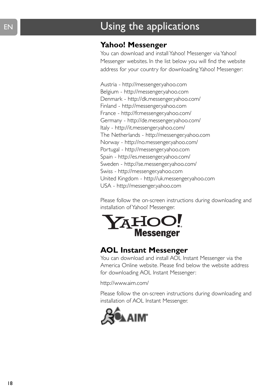 Using the applications, Yahoo! messenger, Aol instant messenger | Philips SPC505NC/27 User Manual | Page 18 / 22