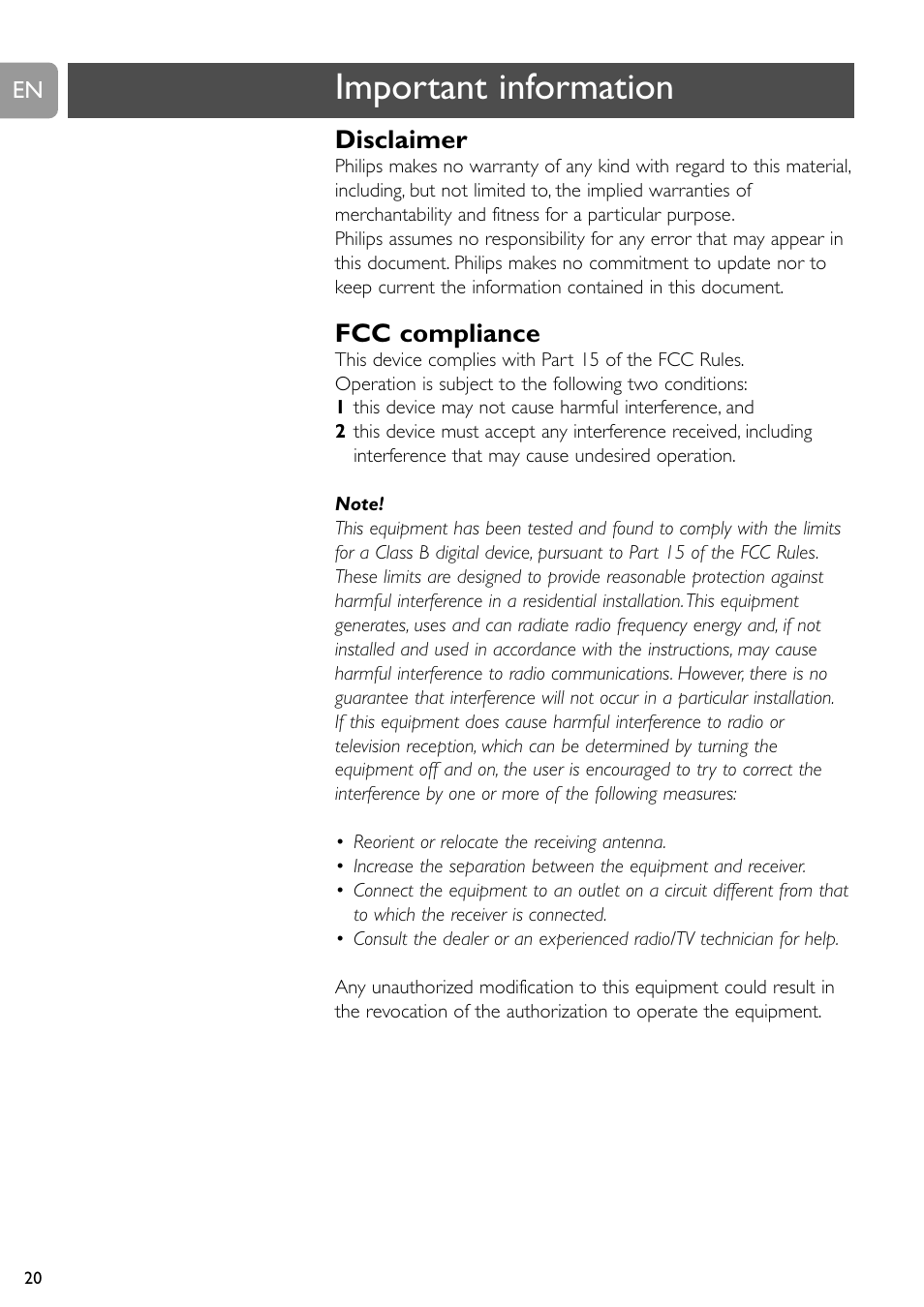 Important information, Disclaimer, Fcc compliance | Philips SPC505NC/27 User Manual | Page 20 / 22