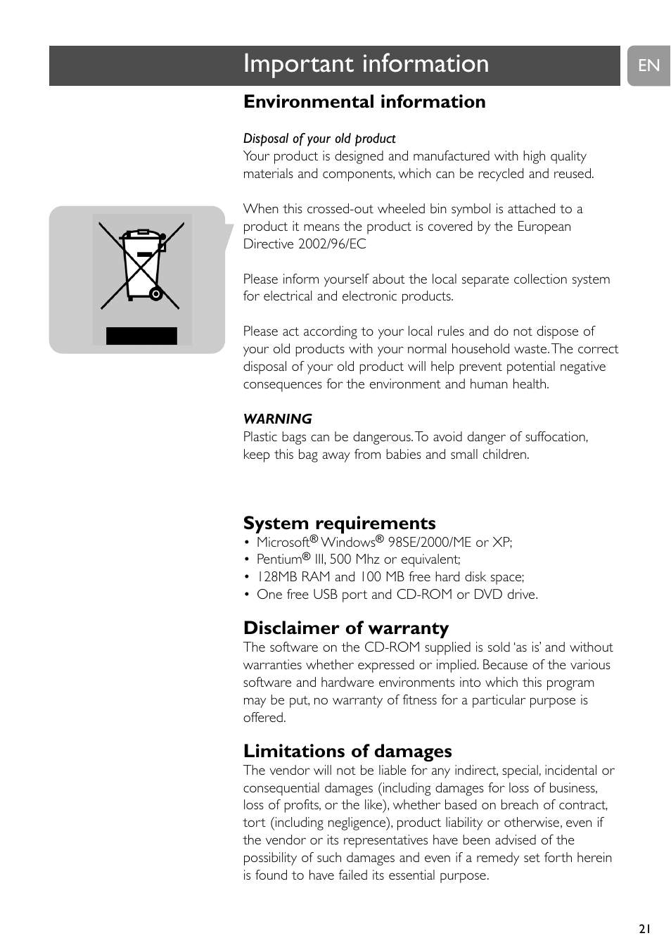 Important information, Environmental information, System requirements | Disclaimer of warranty, Limitations of damages | Philips SPC505NC/27 User Manual | Page 21 / 22