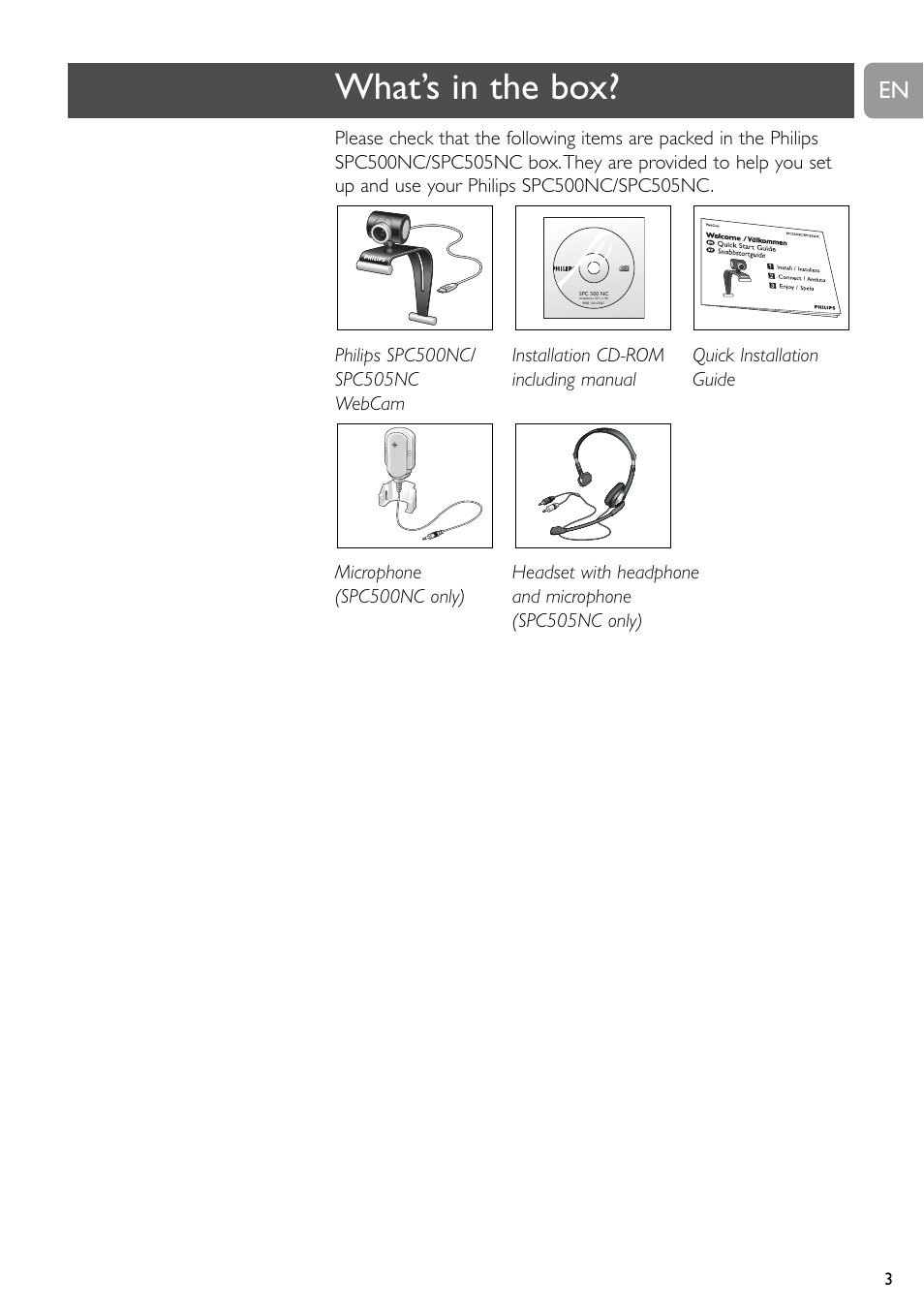 What’s in the box | Philips SPC505NC/27 User Manual | Page 3 / 22