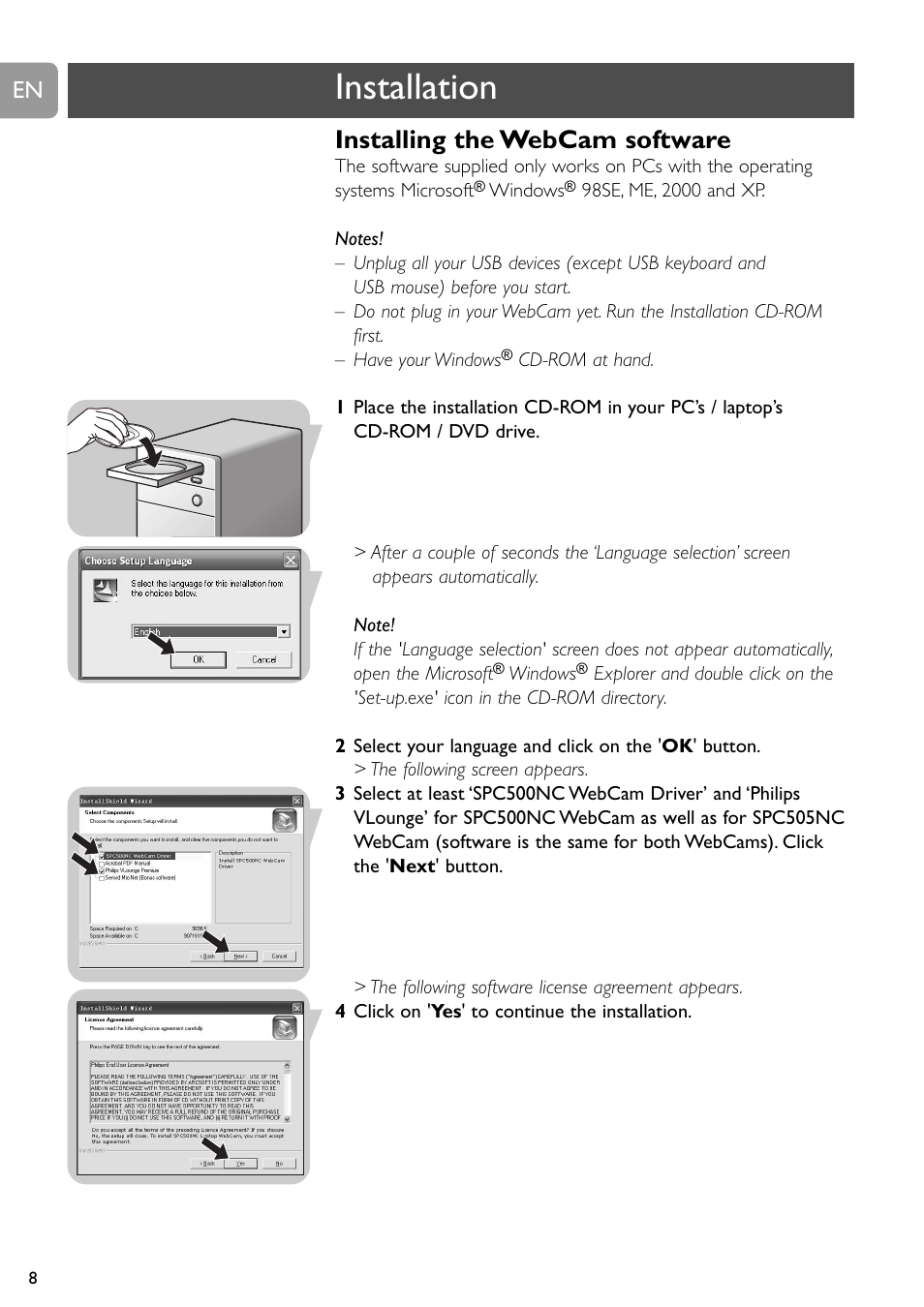 Installation, Installing the webcam software | Philips SPC505NC/27 User Manual | Page 8 / 22