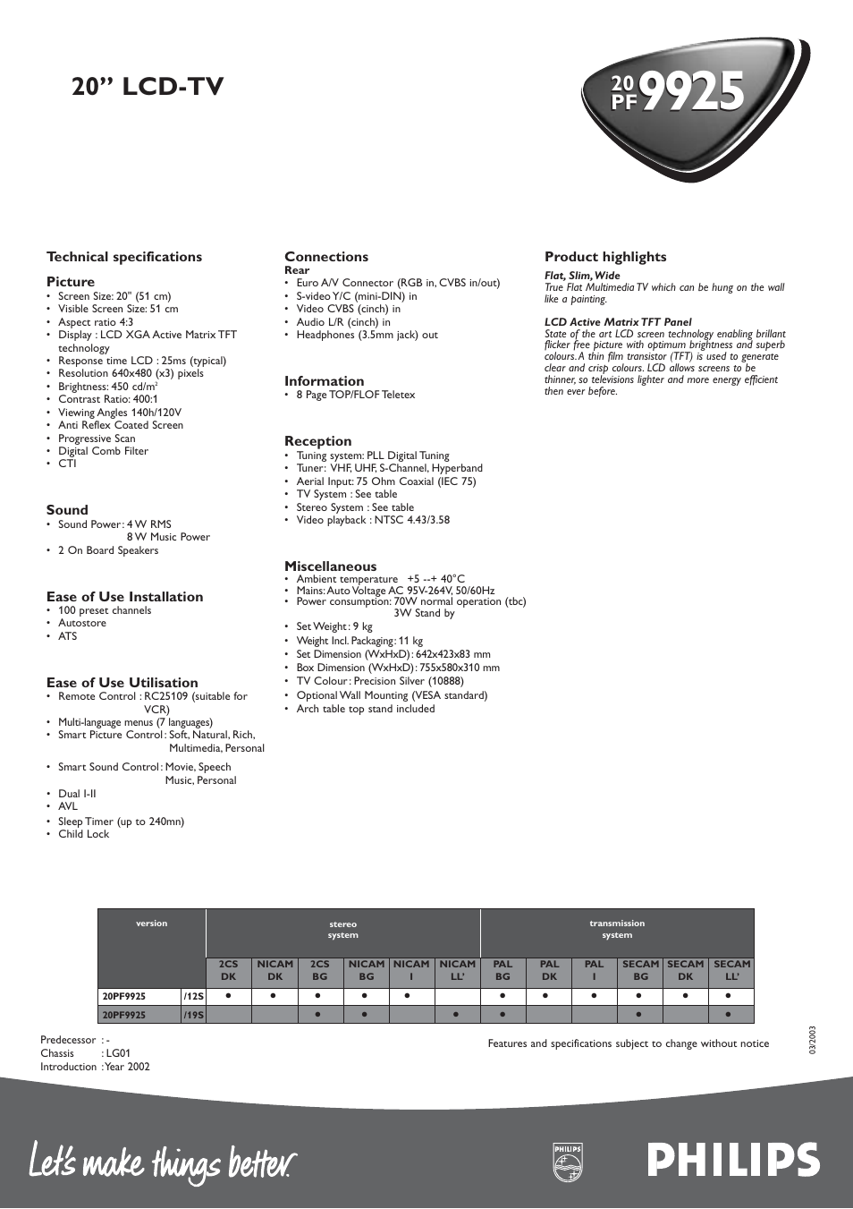 20” lcd-tv, 20 pf | Philips 20" LCD-TV PF9925 User Manual | Page 2 / 2