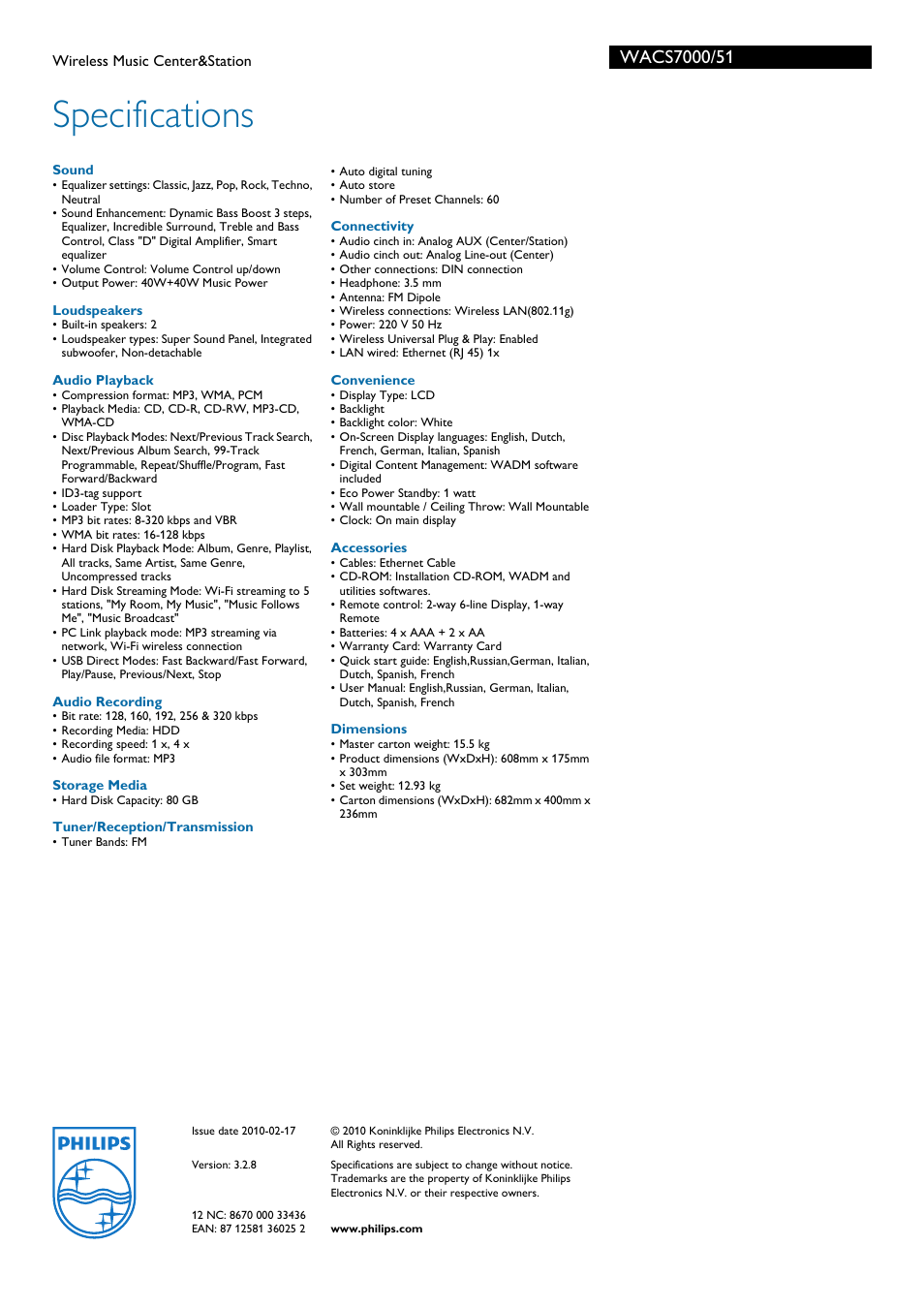 Specifications | Philips WACS7000 User Manual | Page 3 / 3