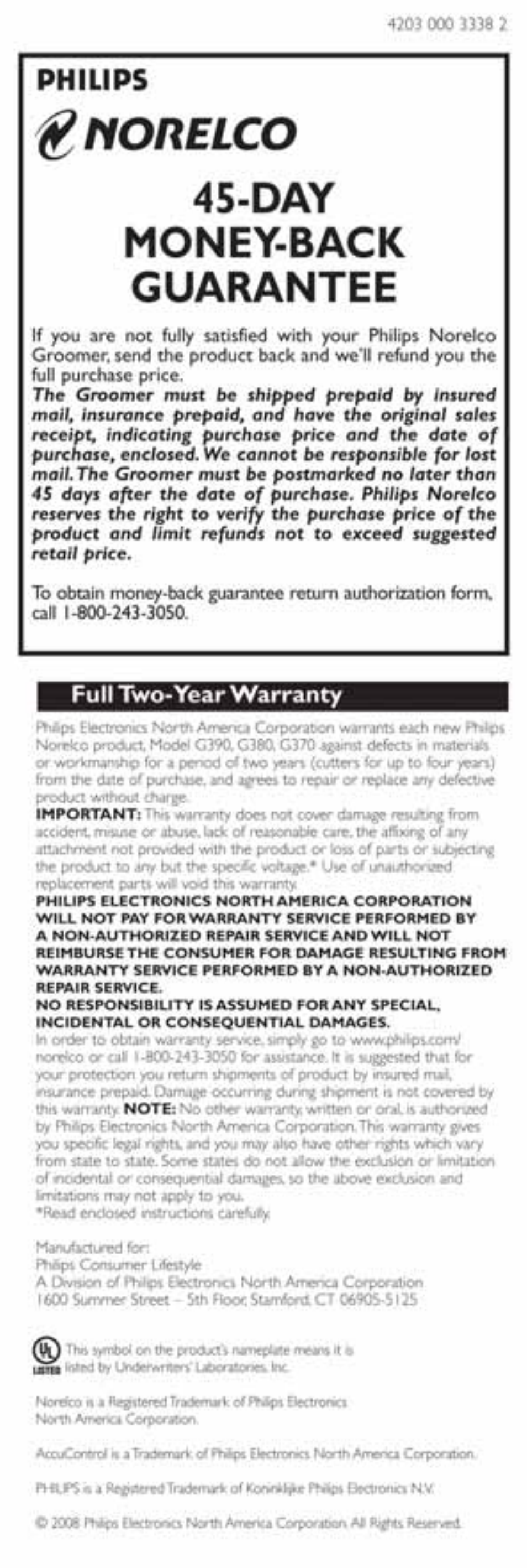 Philips, Gnorelco 45-day money-back guarantee, Full two-year warranty | Philips g380 User Manual | Page 17 / 17