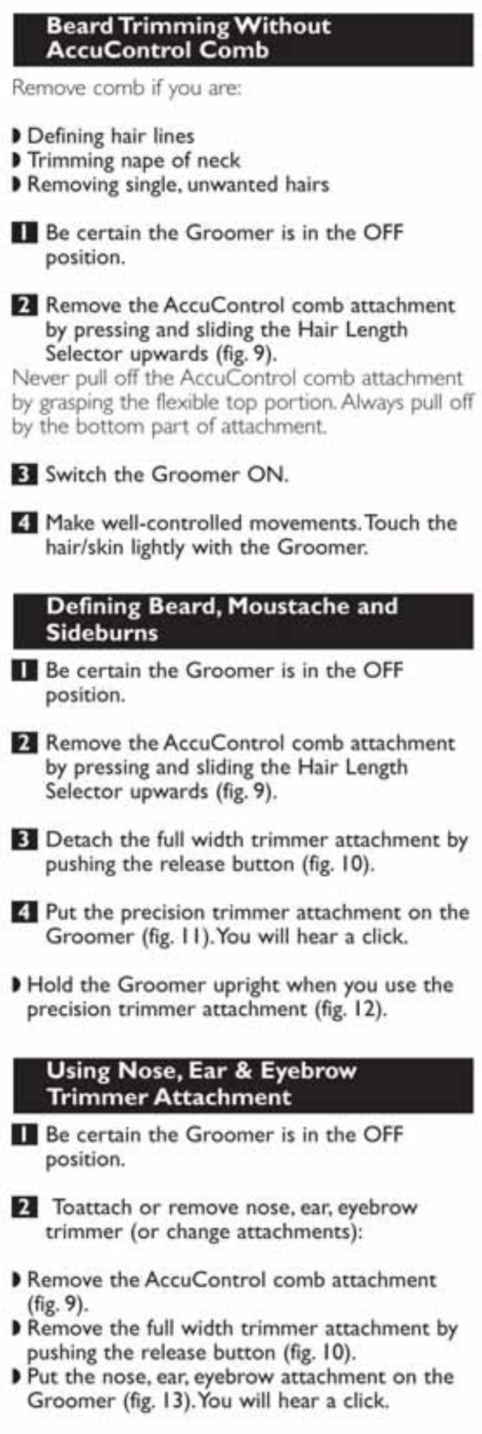 Accucontrol comb, Sideburns, Trimmer attachment | Philips g380 User Manual | Page 9 / 17