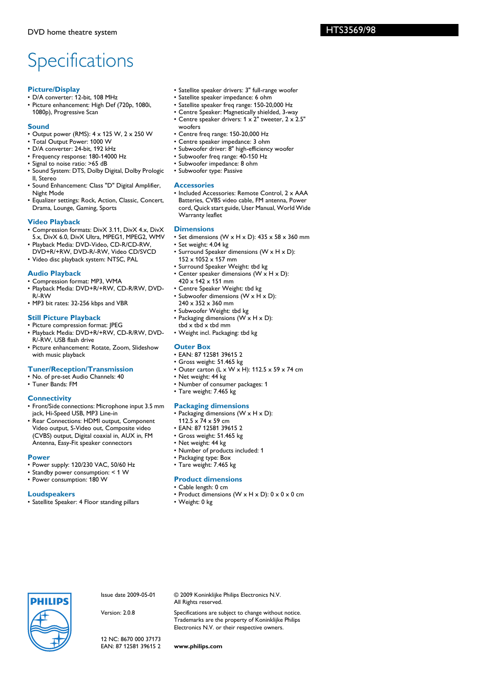 Specifications | Philips HTS3569/98 User Manual | Page 3 / 3