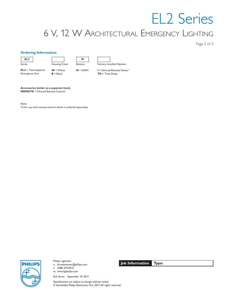 El2 series, 6 v, 12 w a, Rchitectural | Mergency, Ighting | Philips EL2 Series User Manual | Page 2 / 2