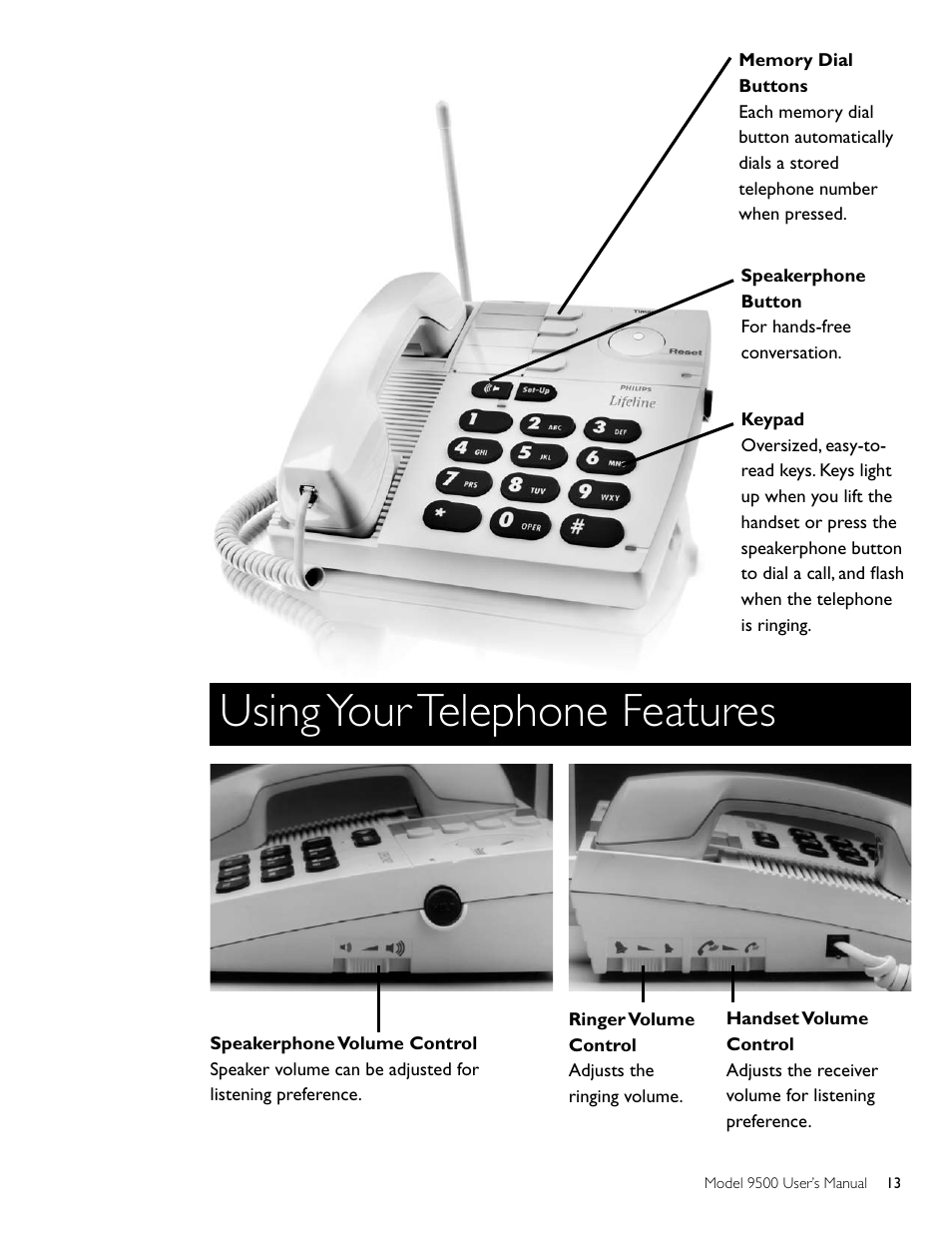 Using your telephone features | Philips AT 9500 User Manual | Page 13 / 20