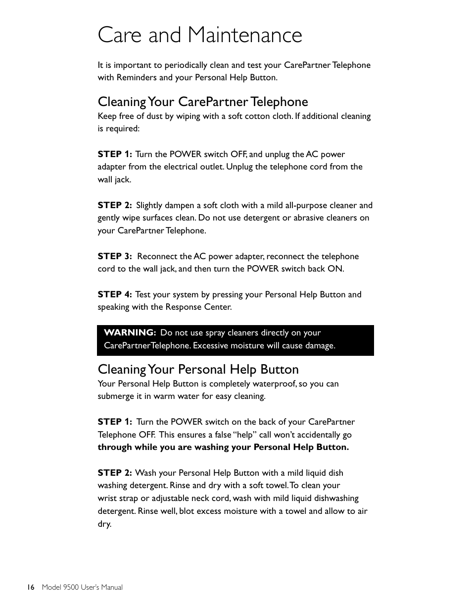 Care and maintenance, Cleaning your carepartner telephone, Cleaning your personal help button | Philips AT 9500 User Manual | Page 16 / 20