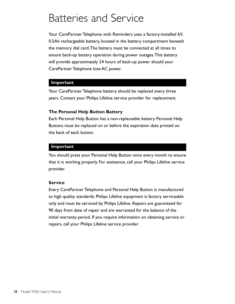 Batteries and service | Philips AT 9500 User Manual | Page 18 / 20