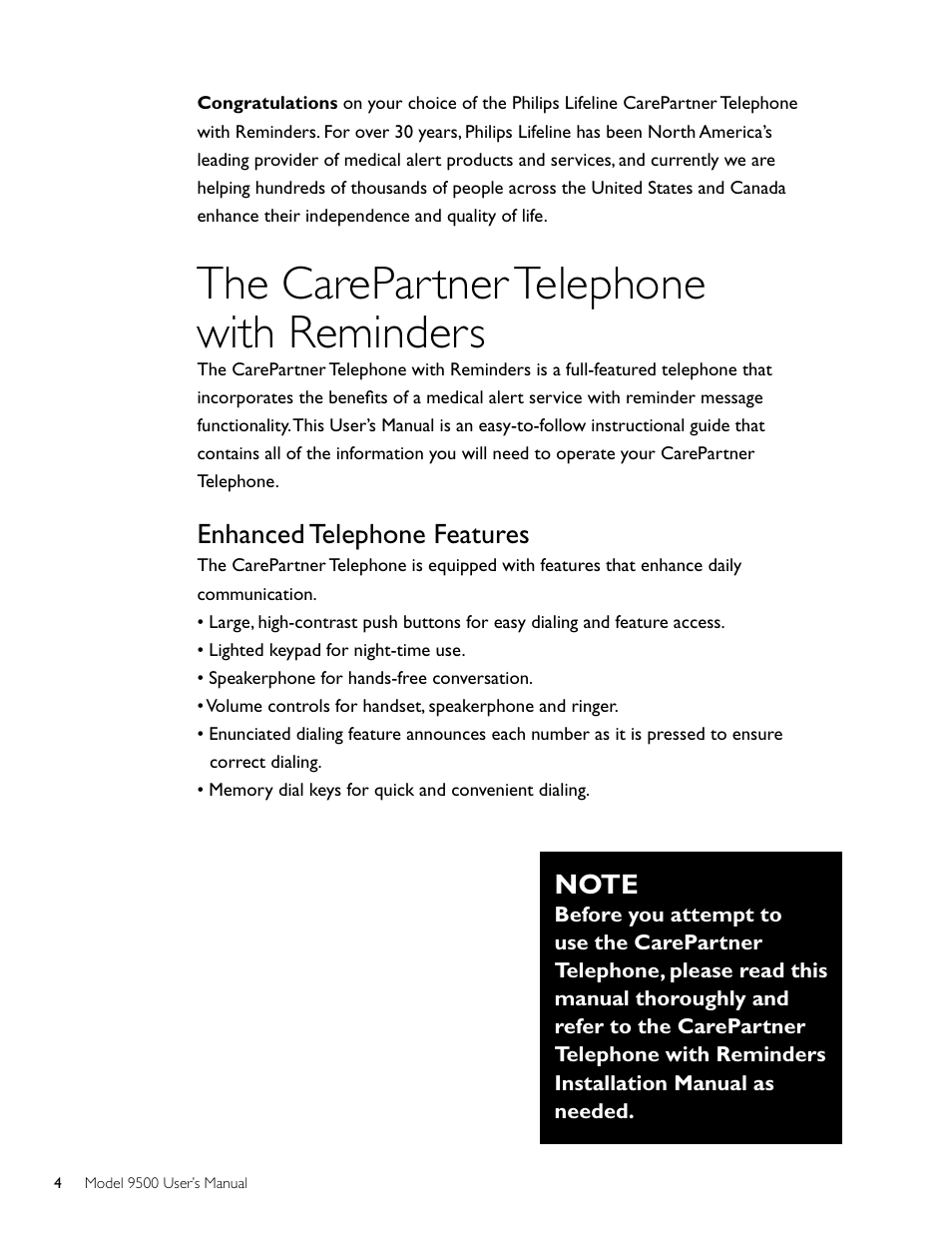 The carepartner telephone with reminders, Enhanced telephone features | Philips AT 9500 User Manual | Page 4 / 20