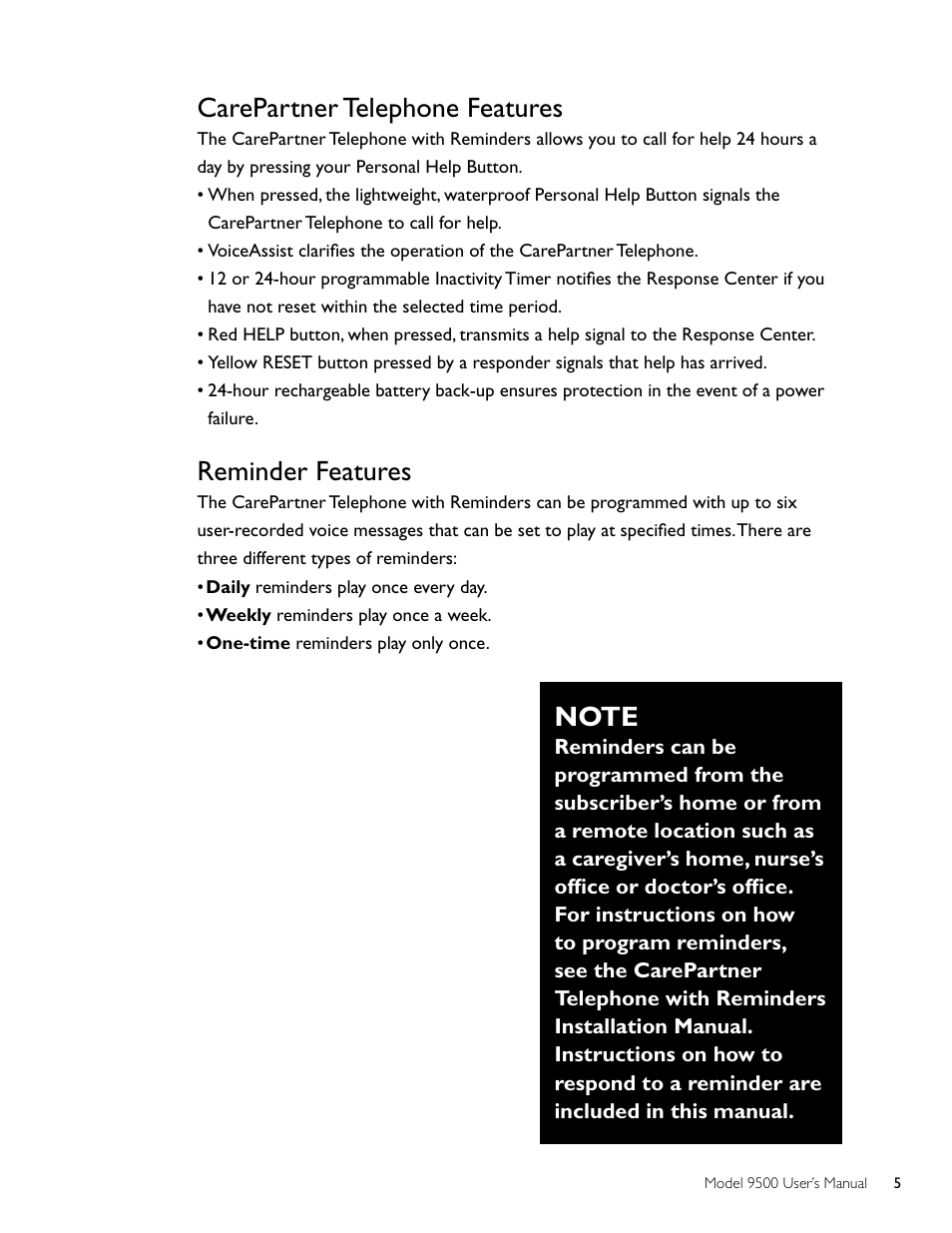 Carepartner telephone features, Reminder features | Philips AT 9500 User Manual | Page 5 / 20