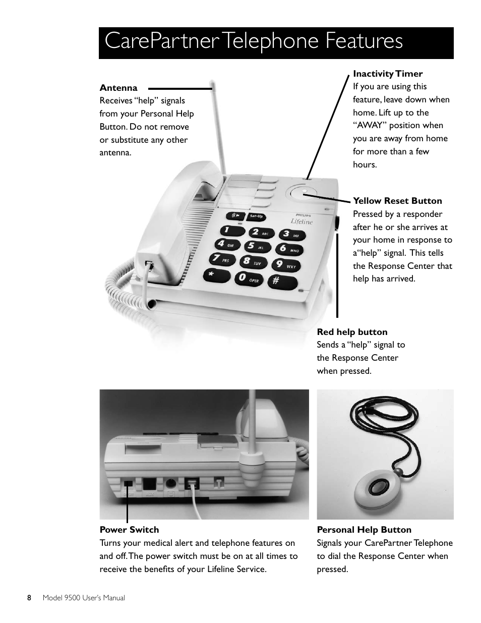 Carepartner telephone features | Philips AT 9500 User Manual | Page 8 / 20