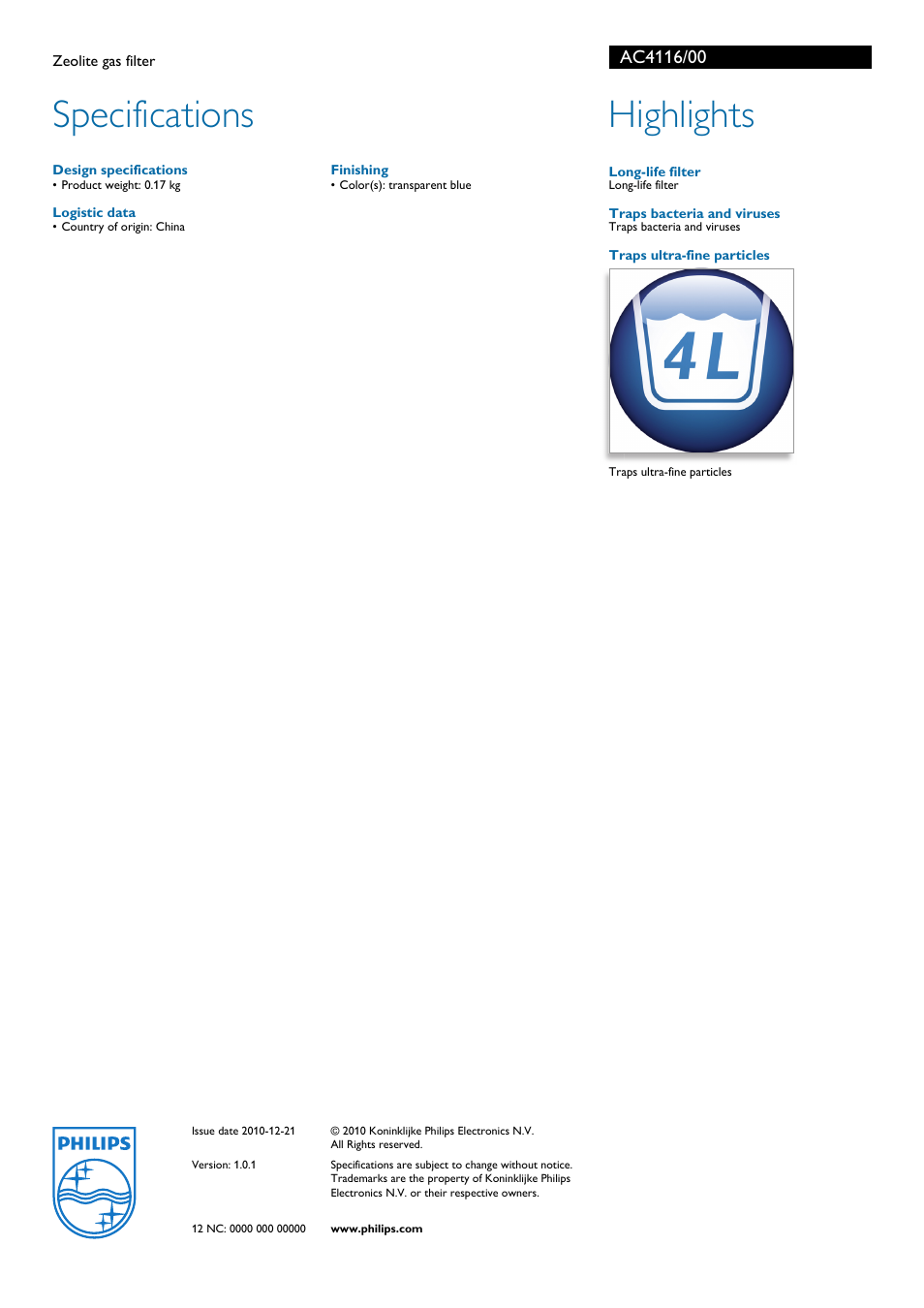 Specifications, Highlights | Philips AC4116 User Manual | Page 2 / 2