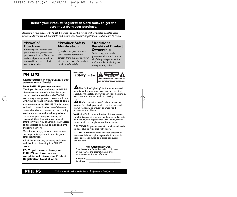 Safety | Philips PET810/37B User Manual | Page 2 / 30