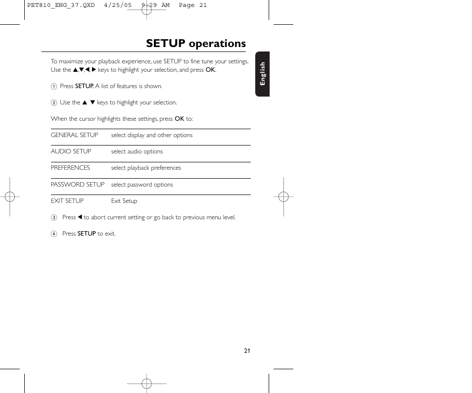 Setup operations | Philips PET810/37B User Manual | Page 25 / 30