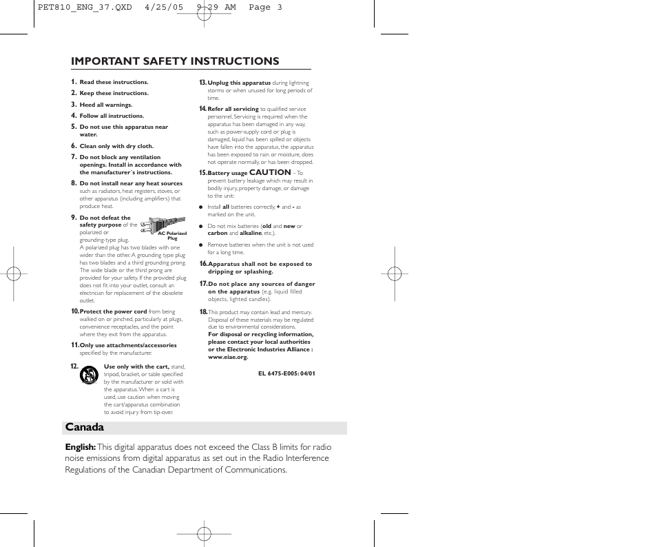 Canada, Important safety instructions | Philips PET810/37B User Manual | Page 3 / 30