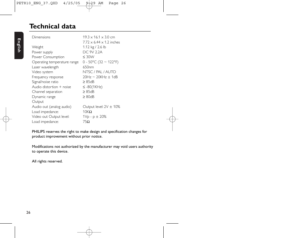 Technical data | Philips PET810/37B User Manual | Page 30 / 30