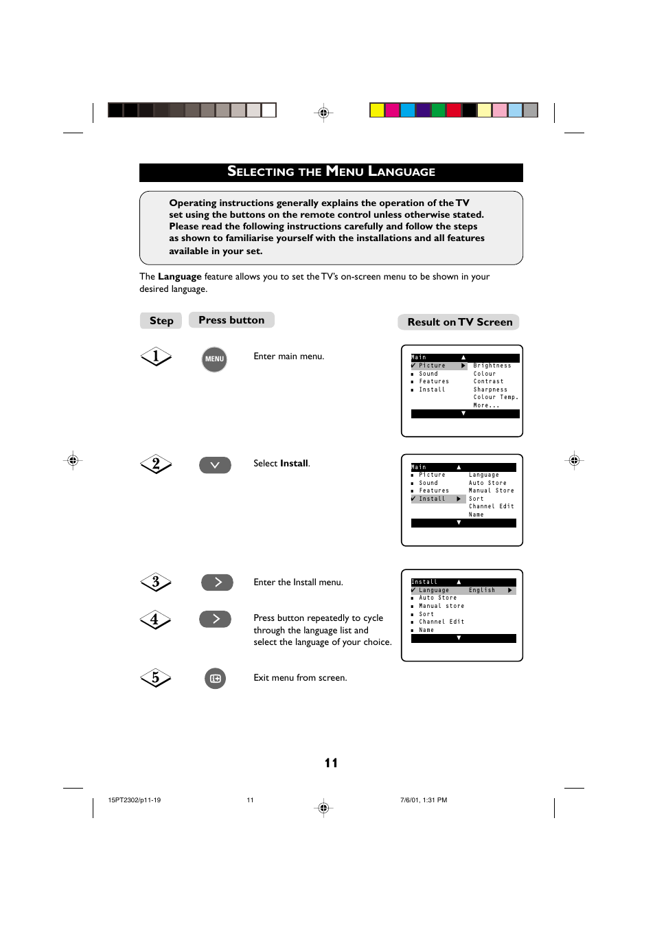Step, Electing, Anguage | Utomatic, Uning, Press button result on tv screen | Philips 15PT2302 User Manual | Page 11 / 35