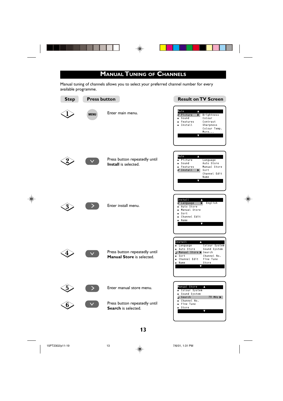 Anual, Uning, Hannels | Step result on tv screen press button | Philips 15PT2302 User Manual | Page 13 / 35