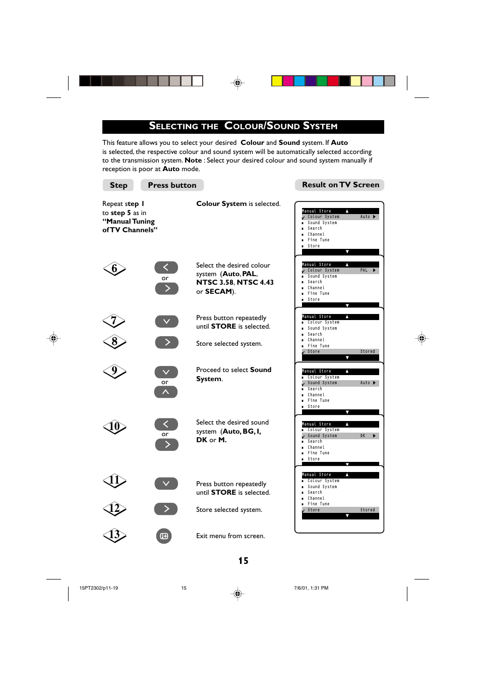 Step press button, Electing, Olour | Ound, Ystem, Result on tv screen | Philips 15PT2302 User Manual | Page 15 / 35