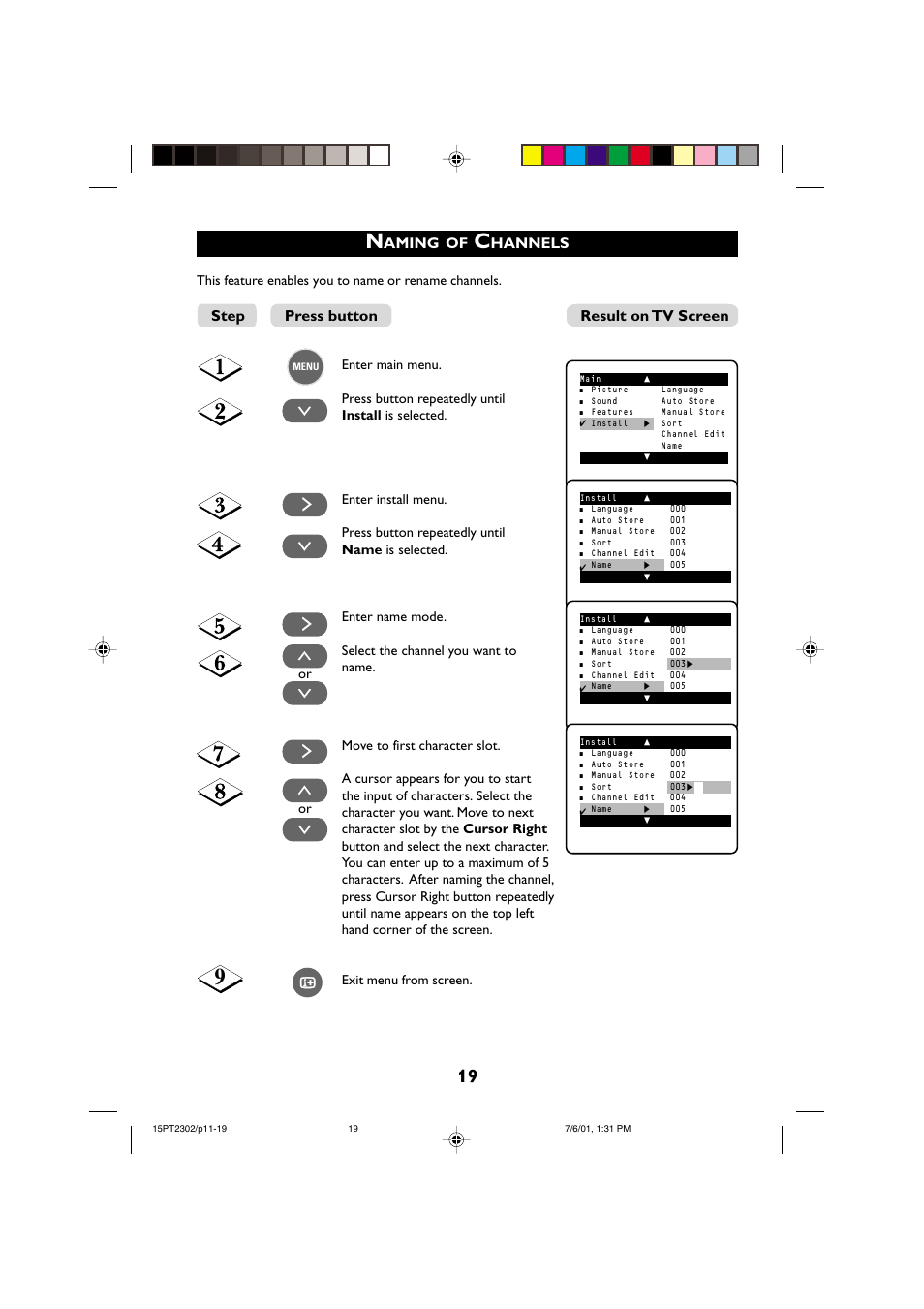 Aming, Hannels, Step result on tv screen press button | Philips 15PT2302 User Manual | Page 19 / 35
