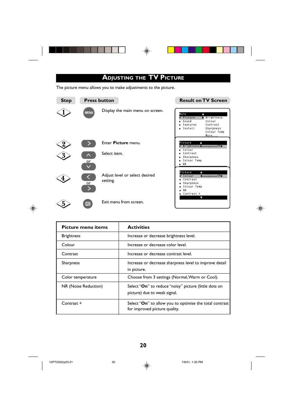 Tv p, Picture menu items activities, Step result on tv screen | Djusting, Icture, Press button | Philips 15PT2302 User Manual | Page 20 / 35
