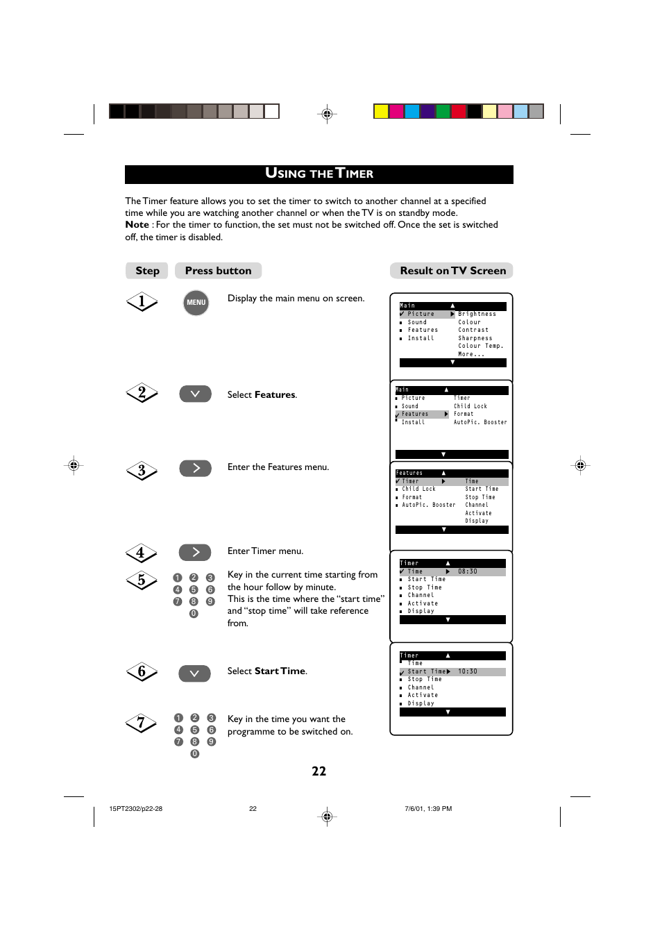 Step press button result on tv screen, Sing, Imer | Philips 15PT2302 User Manual | Page 22 / 35