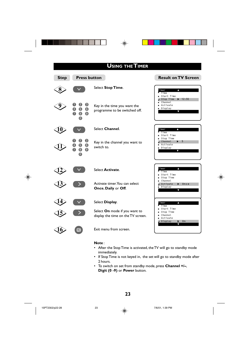 Result on tv screen, Step, Sing | Imer, Press button | Philips 15PT2302 User Manual | Page 23 / 35