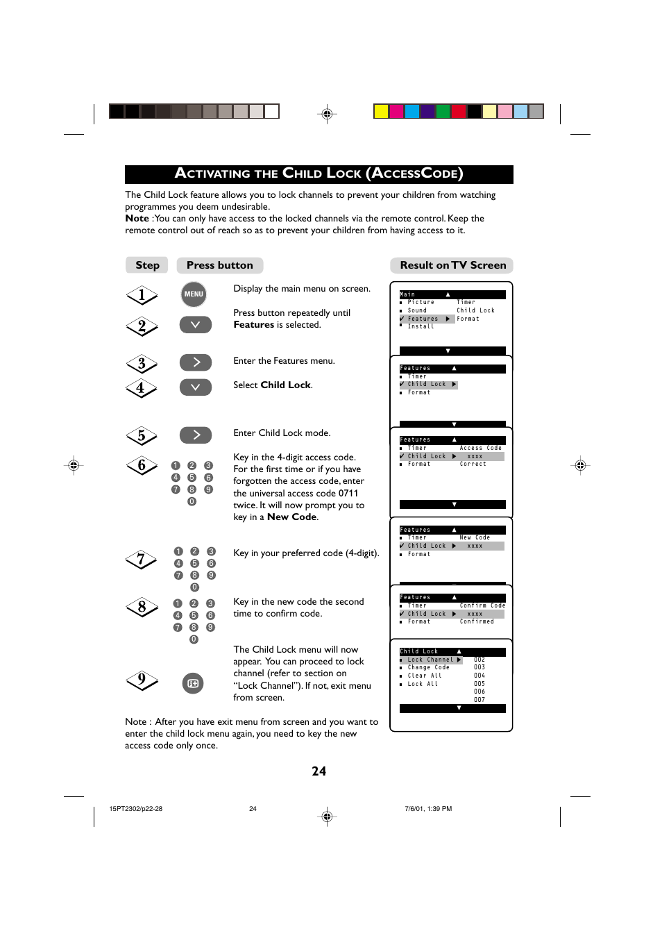 Ctivating, Hild, Ccess | Step result on tv screen press button | Philips 15PT2302 User Manual | Page 24 / 35