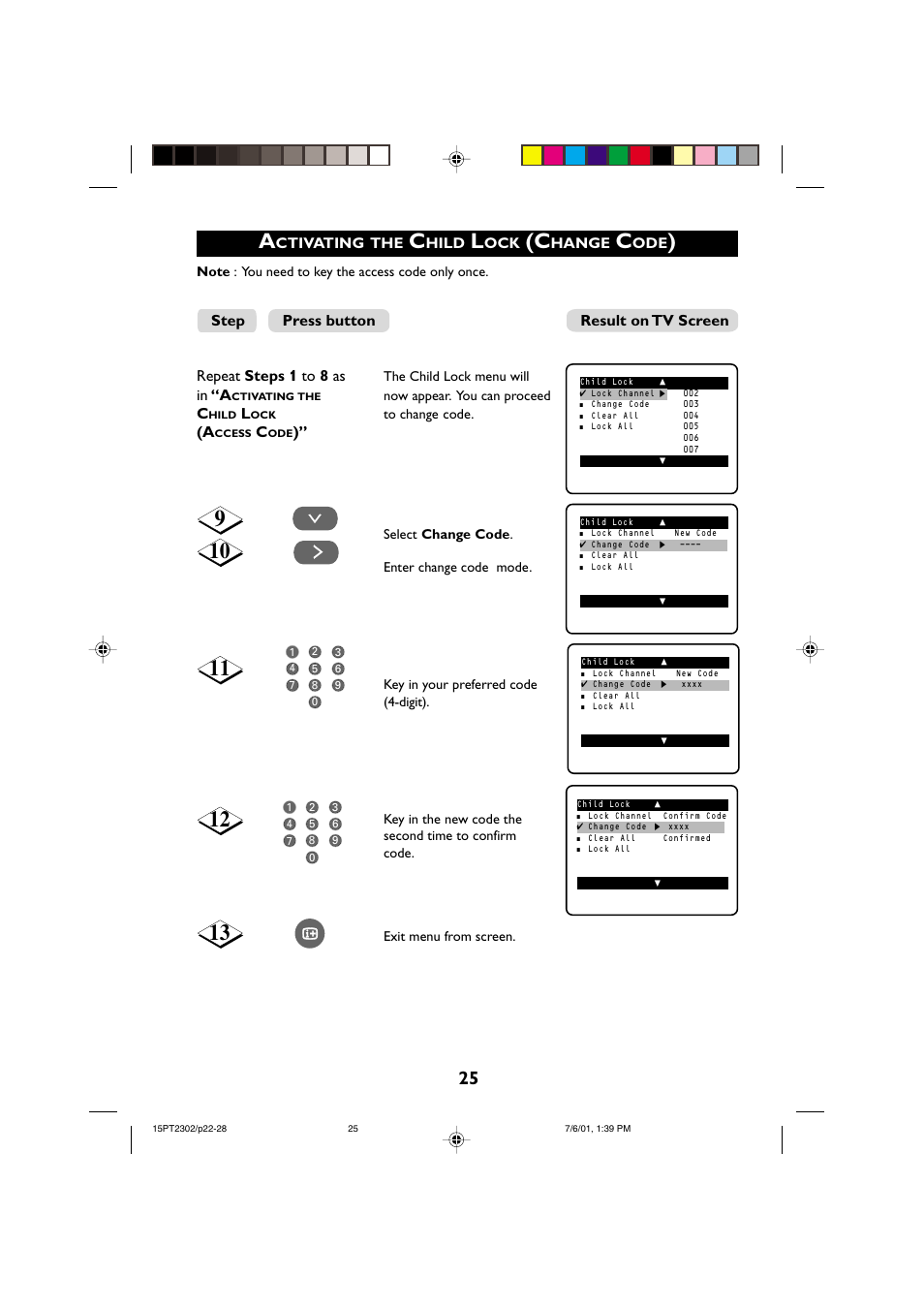 Repeat steps 1 to 8 as, Step press button result on tv screen | Philips 15PT2302 User Manual | Page 25 / 35