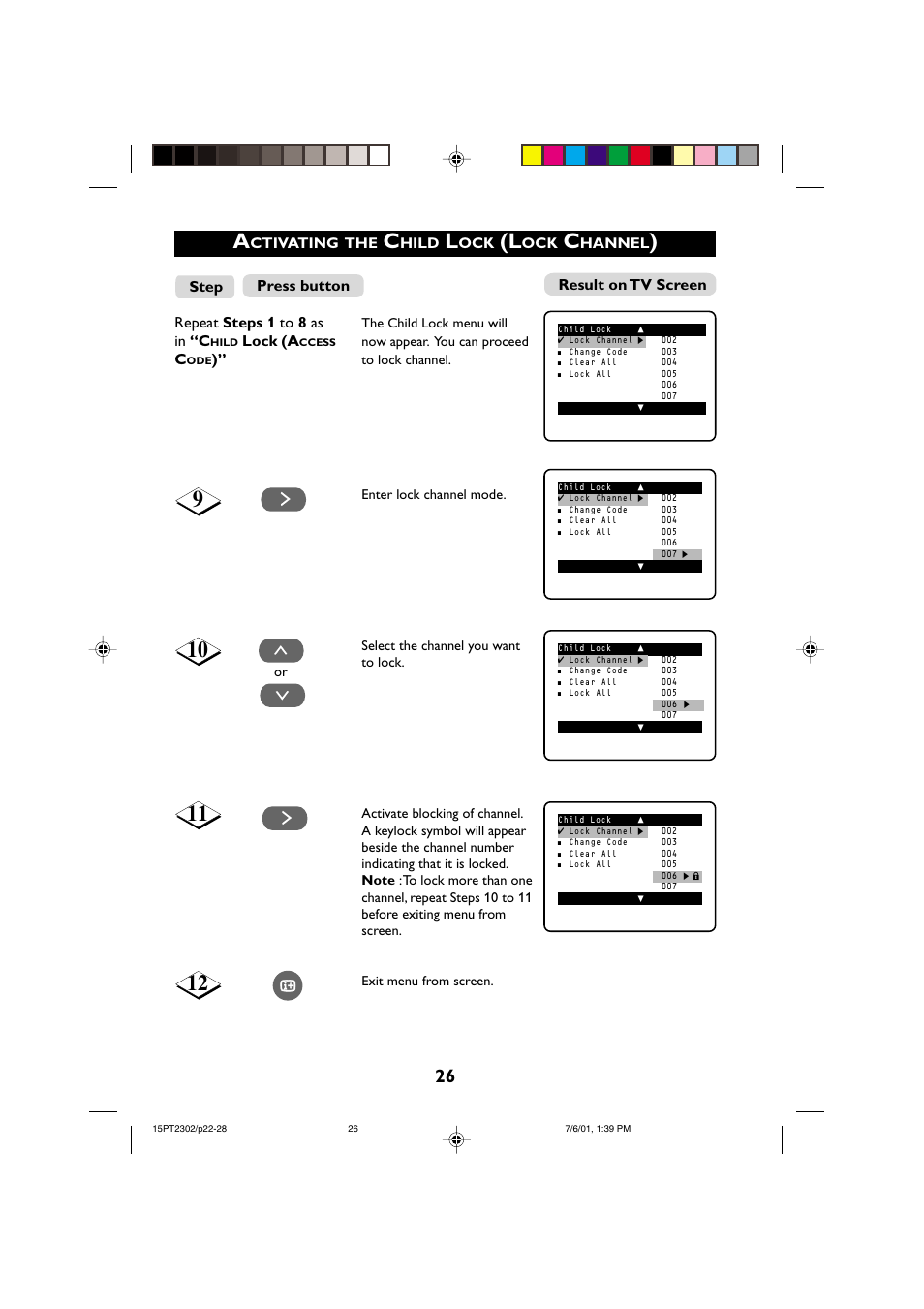 Repeat steps 1 to 8 as, Lock (a, Result on tv screen press button | Philips 15PT2302 User Manual | Page 26 / 35