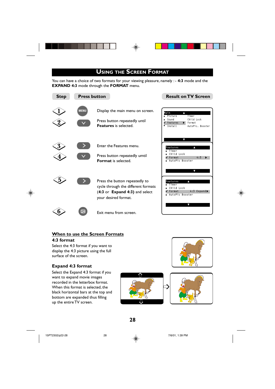 When to use the screen formats 4:3 format, Expand 4:3 format | Philips 15PT2302 User Manual | Page 28 / 35