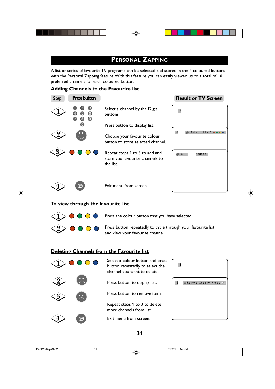 Step press button result on tv screen | Philips 15PT2302 User Manual | Page 31 / 35