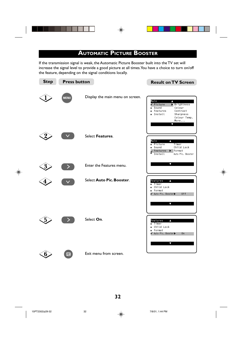 Utomatic, Icture, Ooster | Step press button result on tv screen | Philips 15PT2302 User Manual | Page 32 / 35