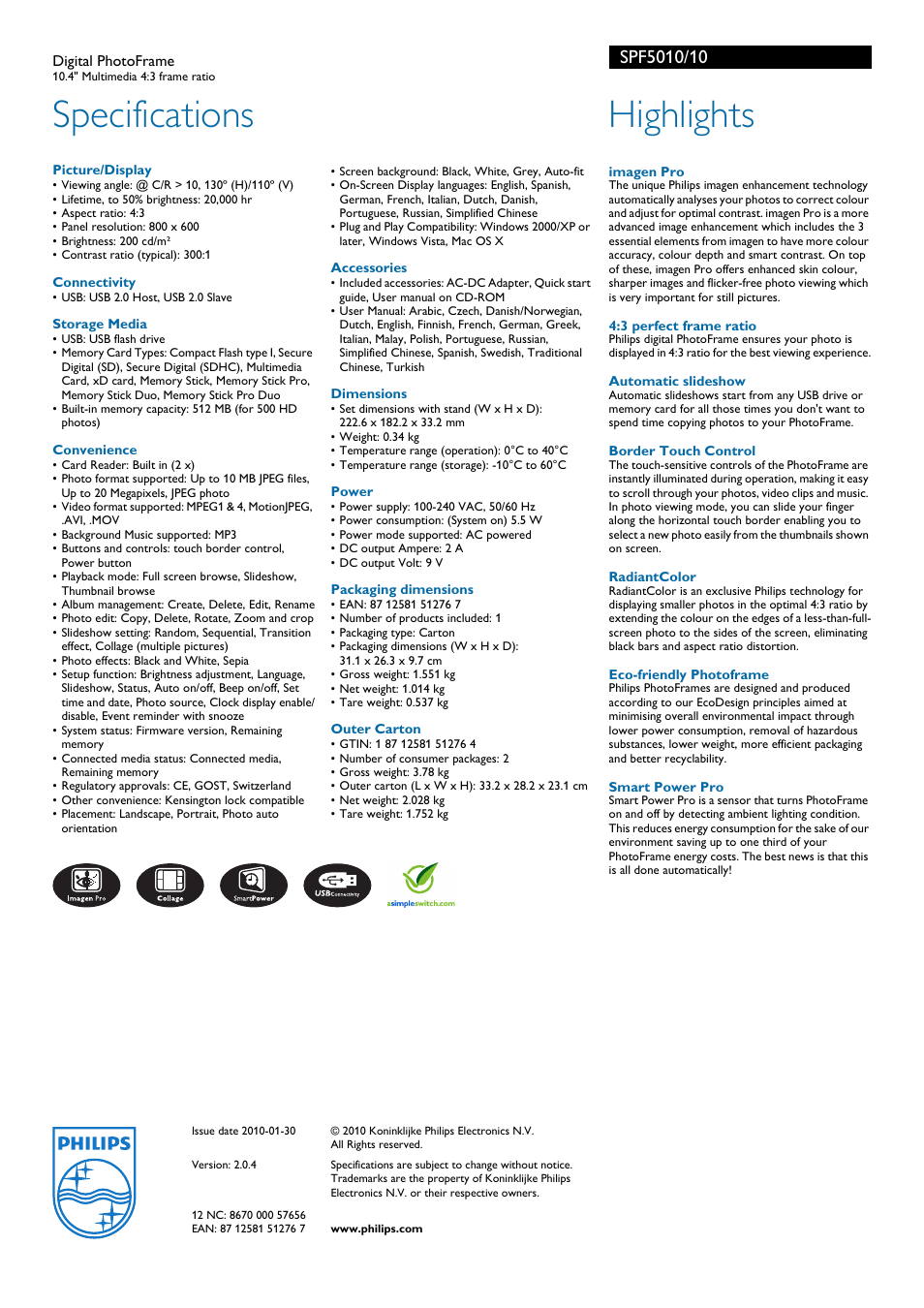 Specifications, Highlights | Philips SPF5010/10 User Manual | Page 2 / 2