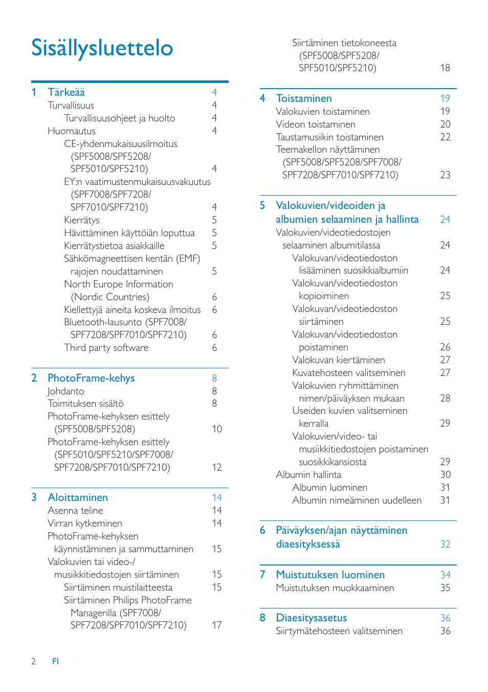 Sisällysluettelo | Philips SPF7208 User Manual | Page 2 / 60