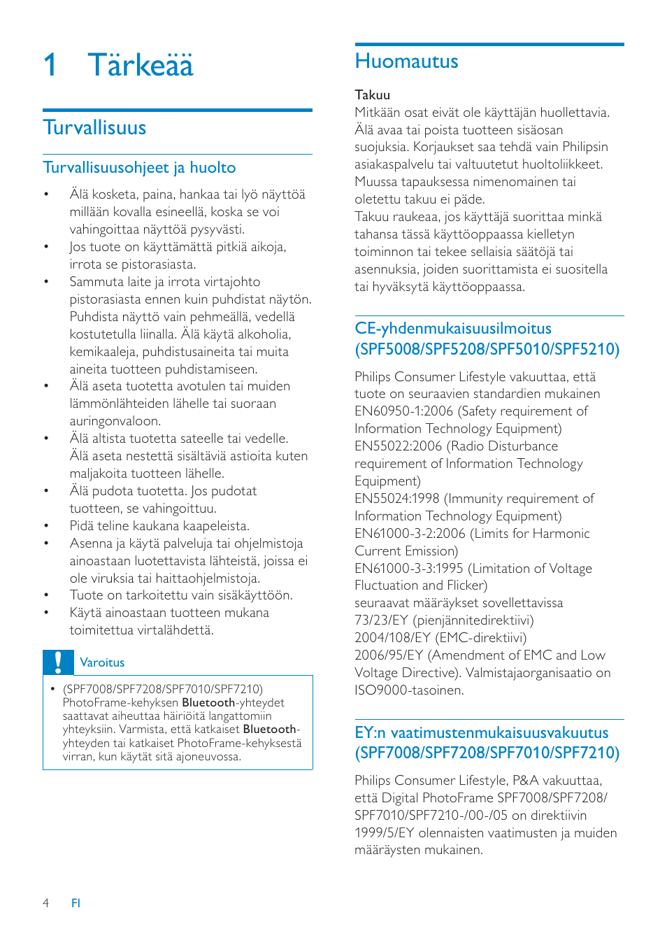 1 tärkeää, Huomautus, Turvallisuus | Philips SPF7208 User Manual | Page 4 / 60
