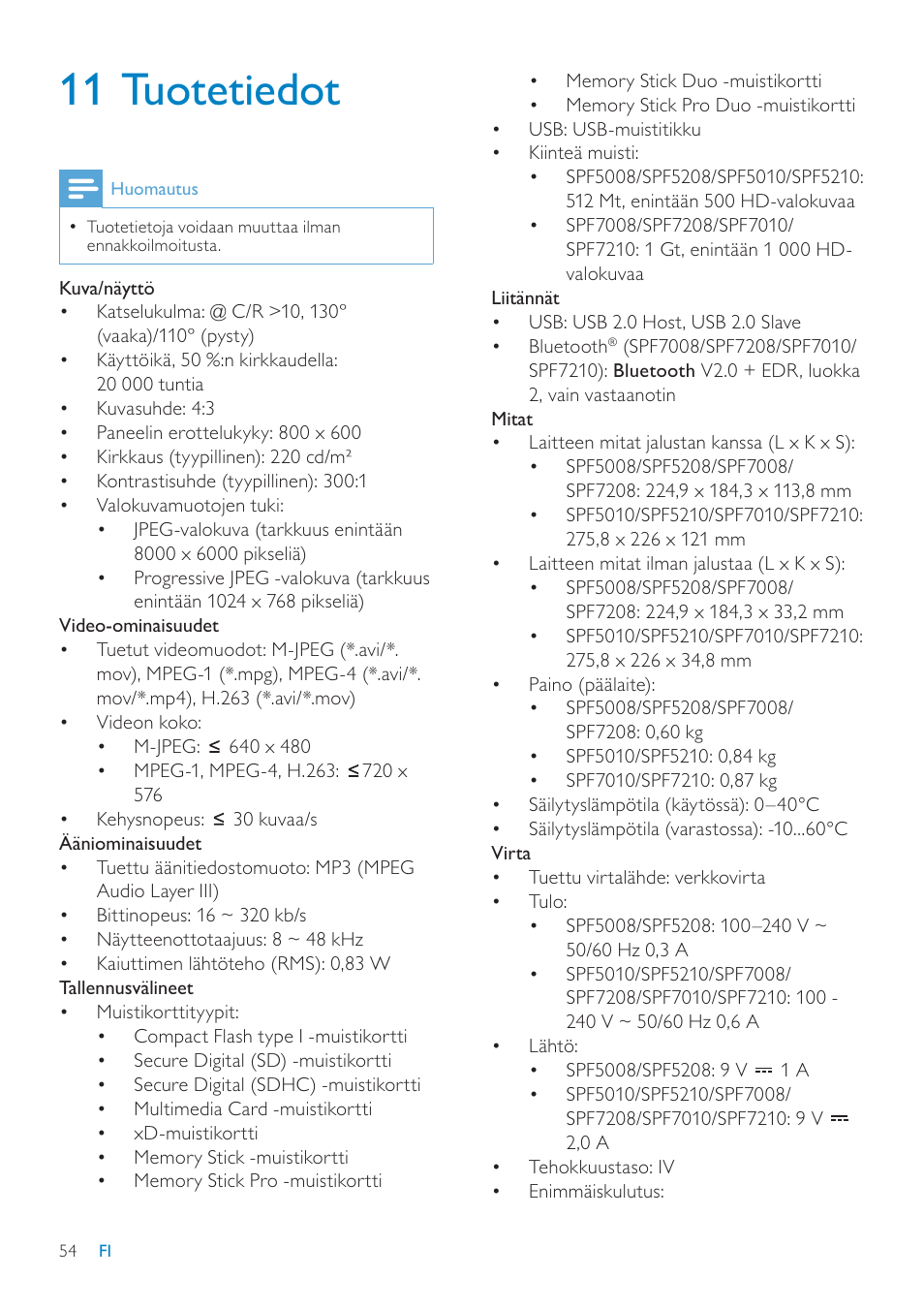 11 tuotetiedot | Philips SPF7208 User Manual | Page 54 / 60
