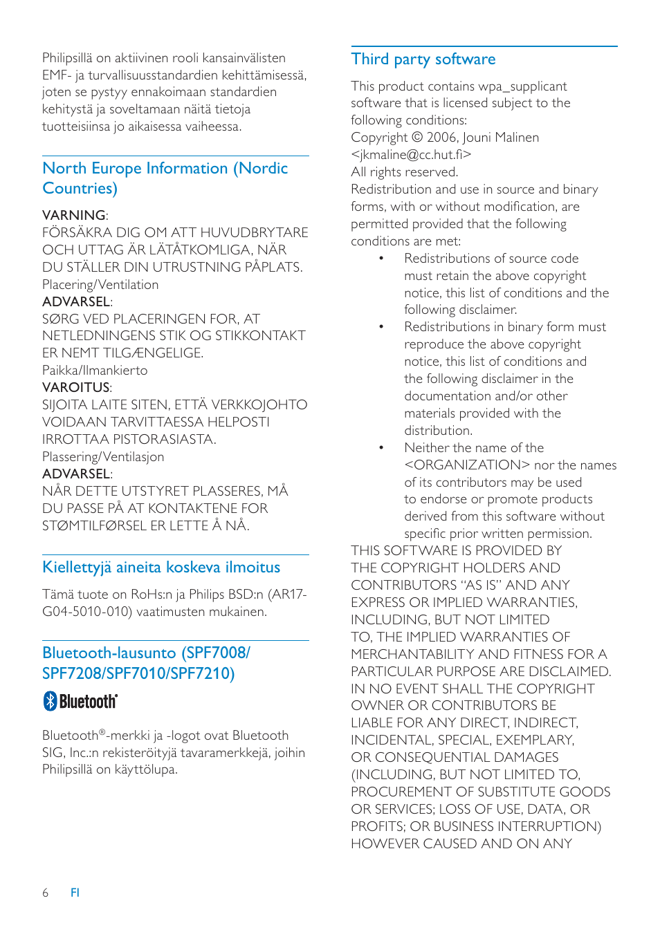 Third party software, North europe information (nordic countries), Kiellettyjä aineita koskeva ilmoitus | Philips SPF7208 User Manual | Page 6 / 60