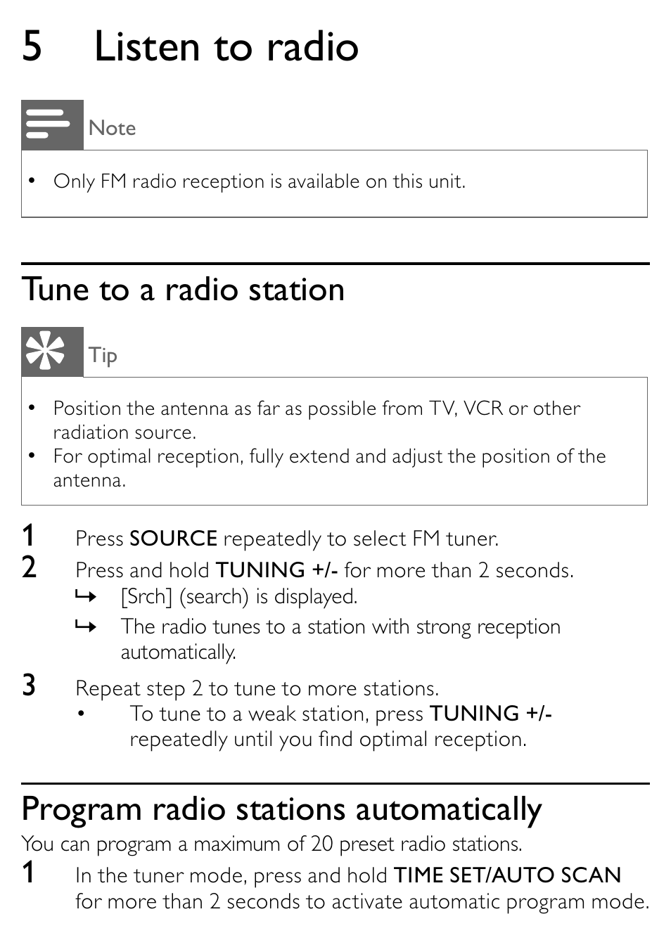 5 listen to radio, Tune to a radio station, Program radio stations automatically | Philips DC315/93 User Manual | Page 13 / 20