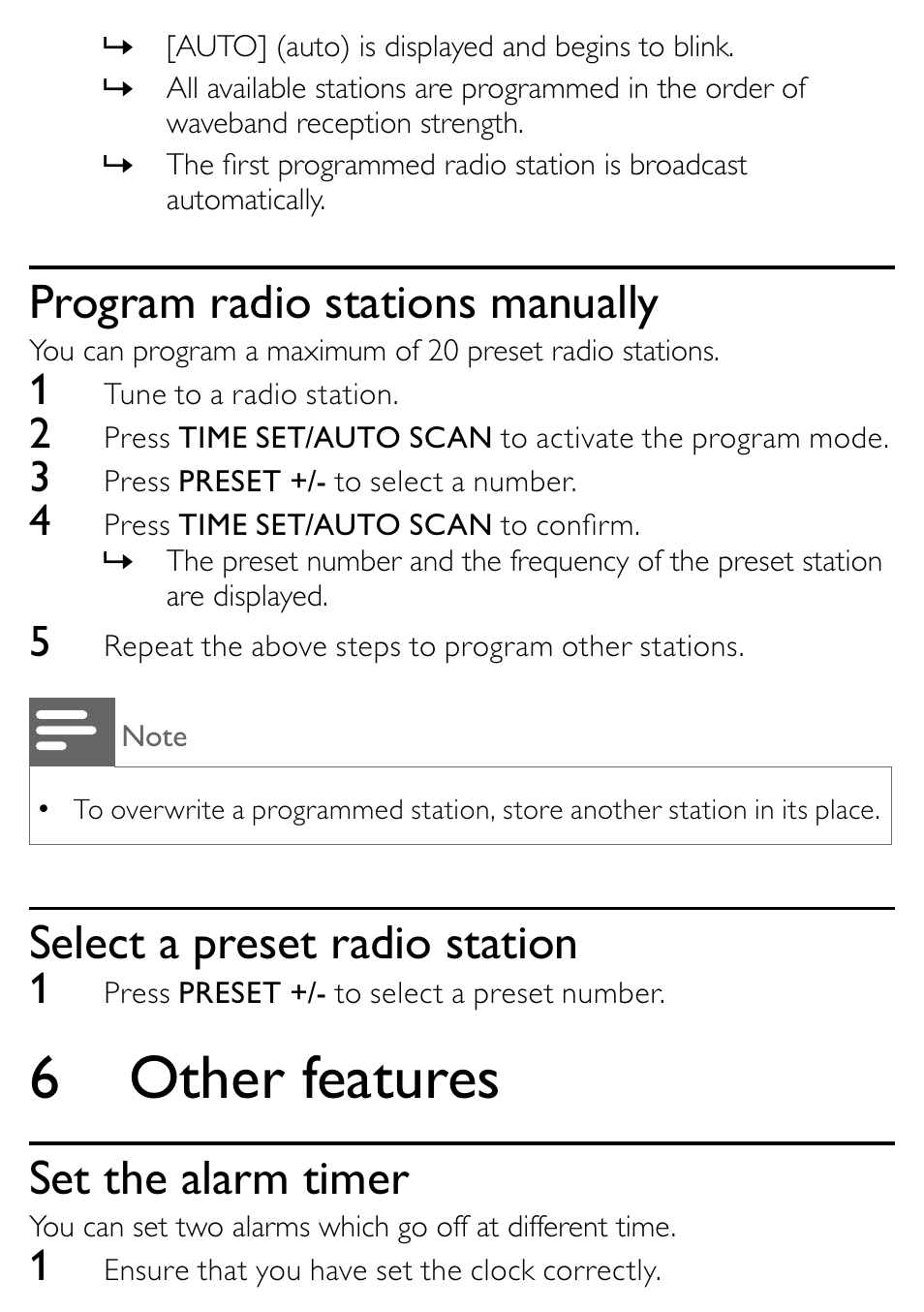 6 other features, Program radio stations manually, Select a preset radio station | Set the alarm timer | Philips DC315/93 User Manual | Page 14 / 20