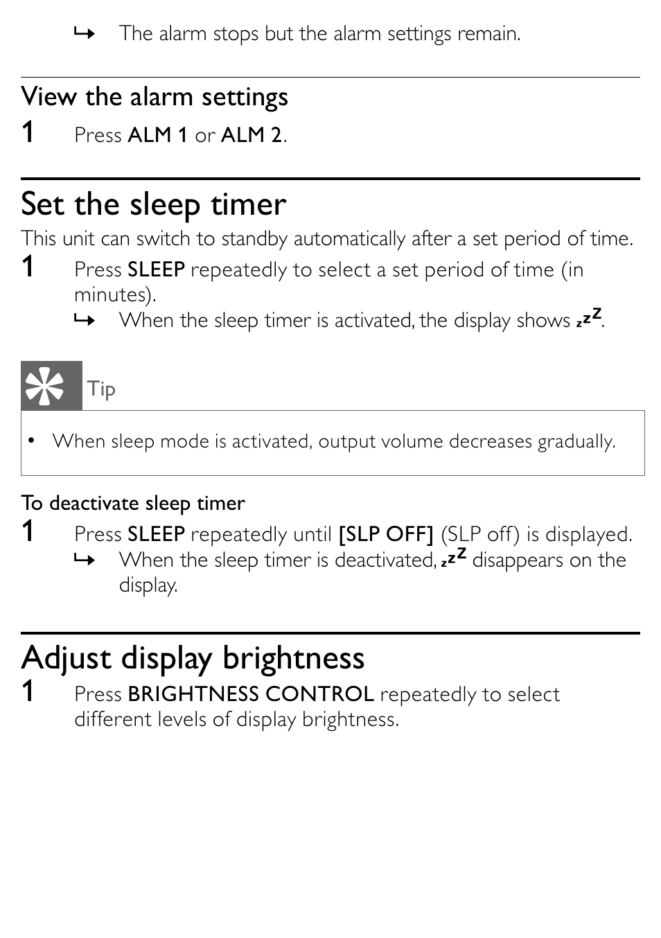 Set the sleep timer, Adjust display brightness, View the alarm settings | Philips DC315/93 User Manual | Page 16 / 20