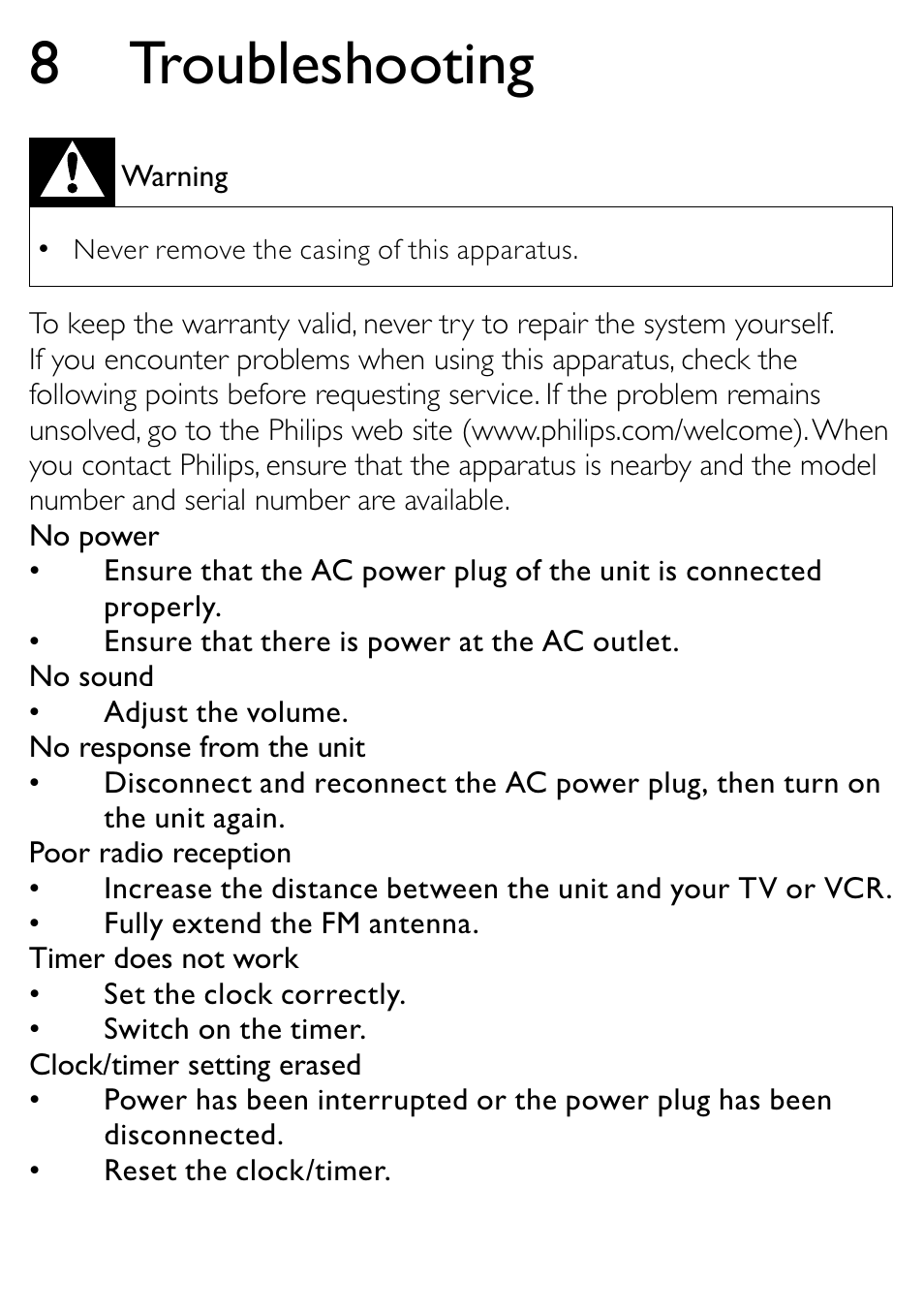 8 troubleshooting | Philips DC315/93 User Manual | Page 19 / 20