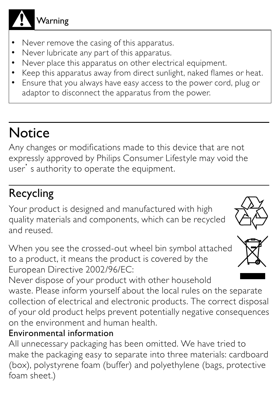 Notice, Recycling | Philips DC315/93 User Manual | Page 4 / 20