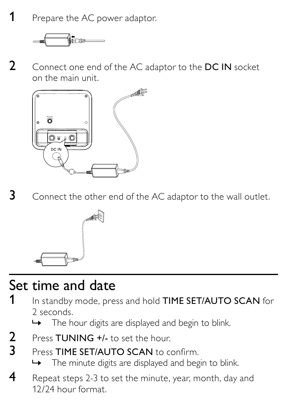 Set time and date | Philips DC315/93 User Manual | Page 9 / 20