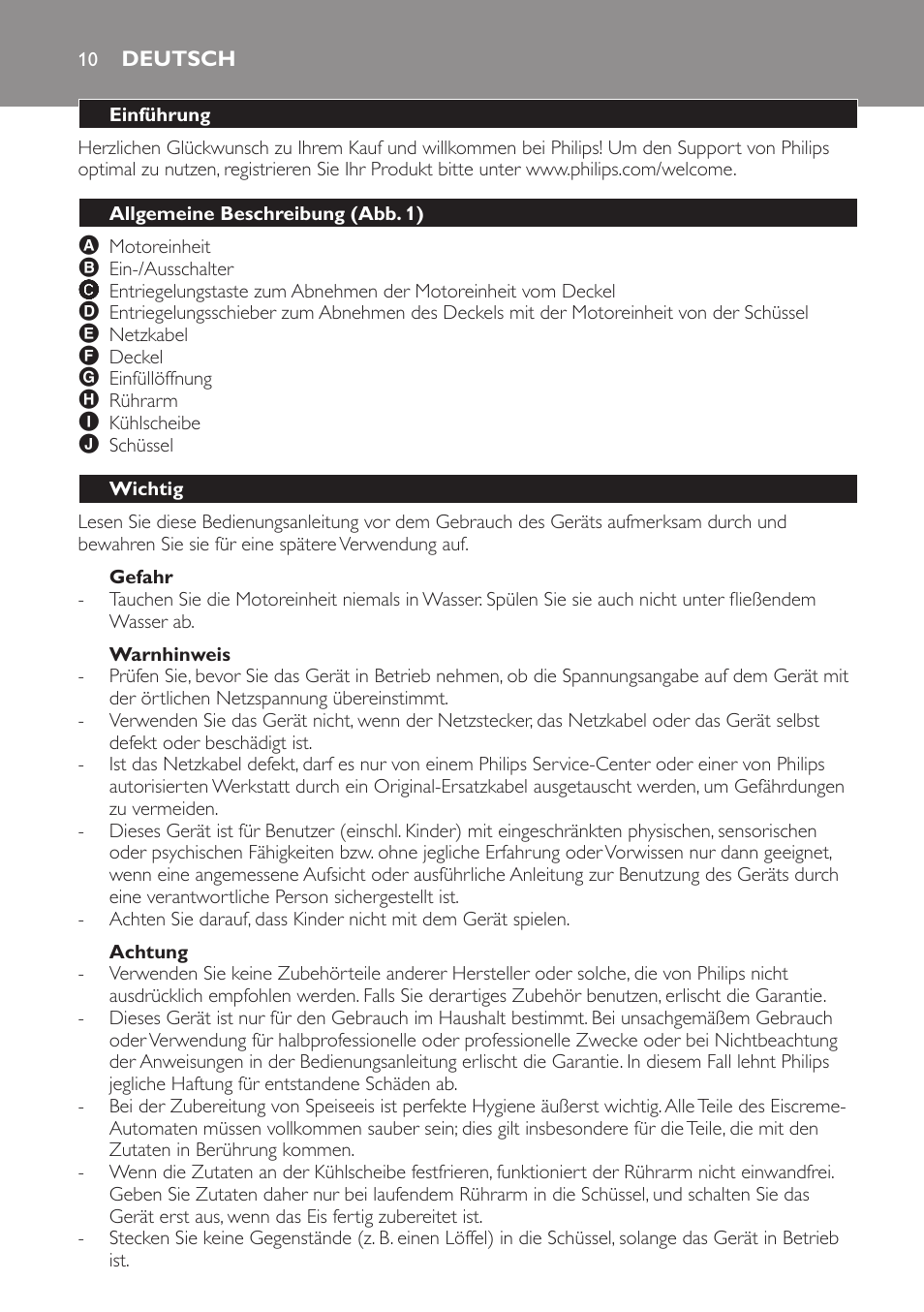 Gefahr, Warnhinweis, Achtung | Deutsch, Einführung, Allgemeine beschreibung (abb. 1), Wichtig | Philips HR2304 User Manual | Page 10 / 32